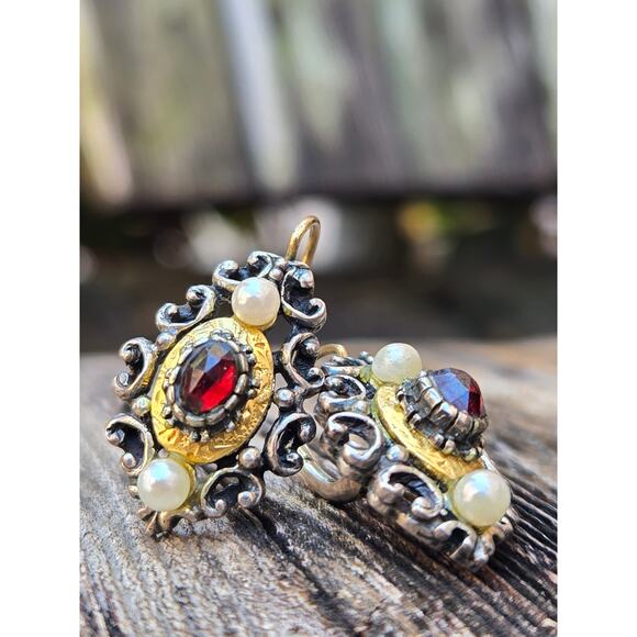 1900s German Red Pyrope Garnet, 585 GOLD, 800 Silver, Pearl Biedermeier Earrings - Picture 1 of 10